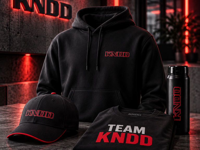 Schwarze KNDD-Merchandise-Produkte mit Hoodie, Cap, T-Shirt und Trinkflasche in rotem Neonlicht.