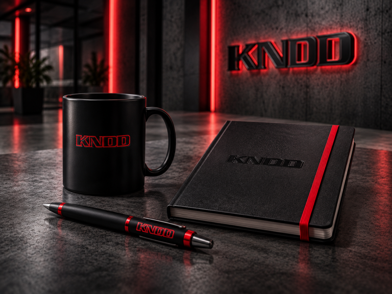 Schwarze Tasse, Notizbuch und Kugelschreiber mit rotem Logo auf einem dunklen Tisch.