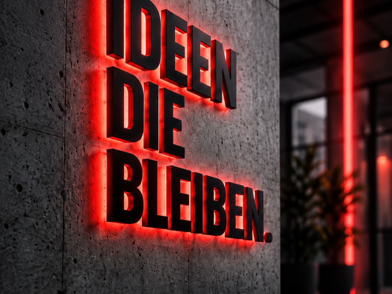 Leuchtende rote Schrift mit dem Text IDEEN DIE BLEIBEN an einer Betonwand.