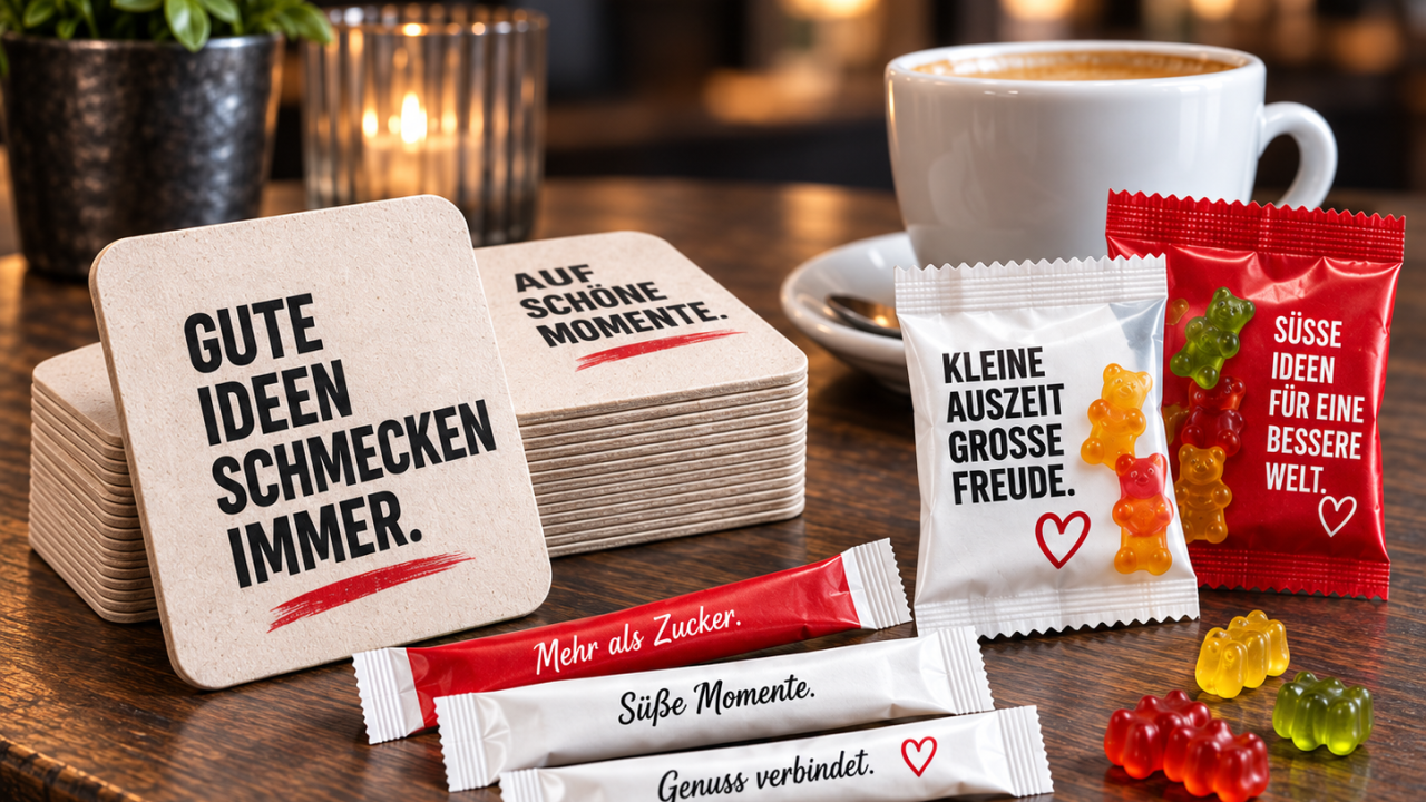Kaffeetasse, bedruckte Untersetzer und Süßigkeiten mit Gummibärchen auf einem Holztisch.
