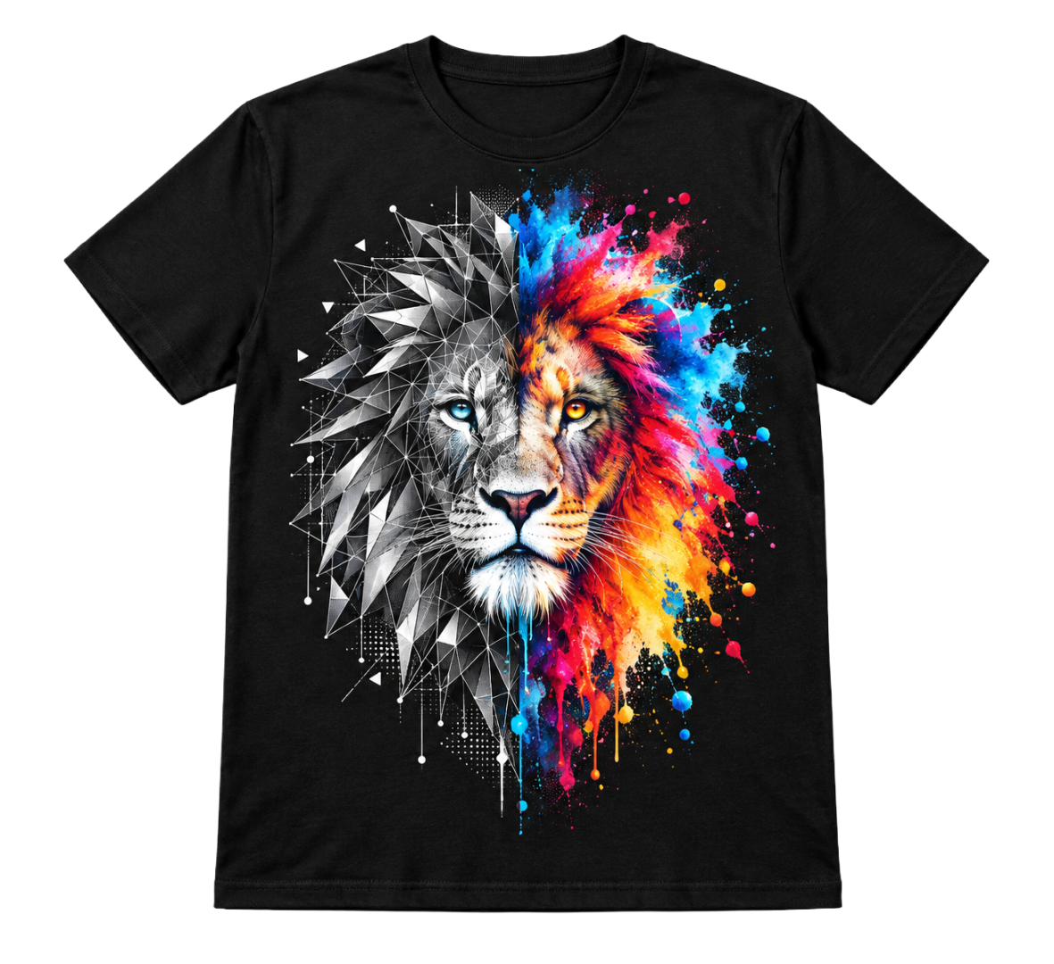 Schwarzes T-Shirt mit großem Löwenkopf, halb geometrisch in Grau und halb farbig mit Spritzern.