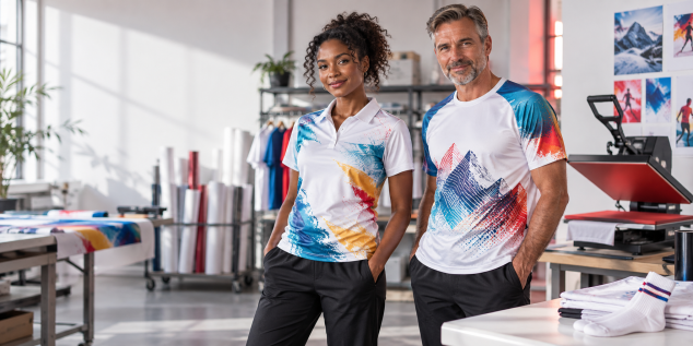 Zwei Personen in bedruckter Sportbekleidung stehen in einer hellen Textilwerkstatt neben einer Druckmaschine.