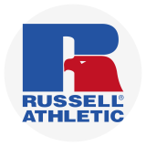 Logo von Russell Athletic mit stilisiertem blau-rotem R und blauem Schriftzug