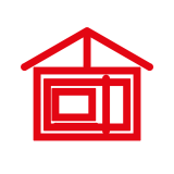 Rotes stilisiertes Haus mit verschachtelten rechteckigen Linien auf schwarzem Hintergrund