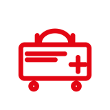Rotes Symbol eines Einkaufswagens mit Pluszeichen auf schwarzem Hintergrund.