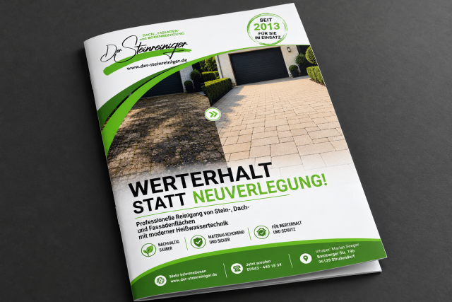 Ein schräg liegender Werbeflyer für Steinreinigung auf dunklem Hintergrund.